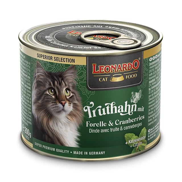 Foto 2 de 6 de LEONARDO Comida húmeda, selección superior, pavo con trucha y arándanos, lata de 6 x 200 g, para gatos adultos