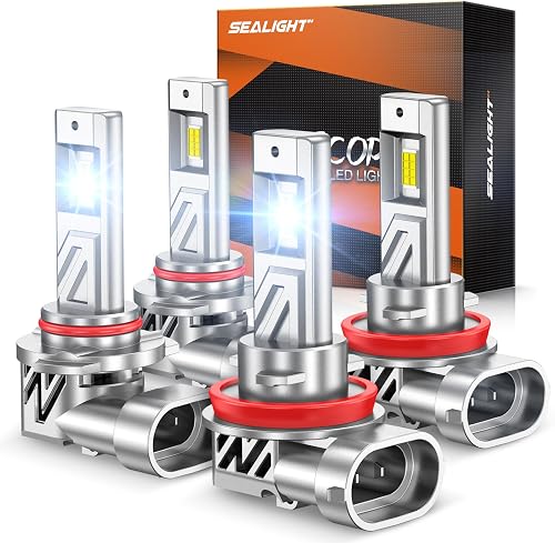 SEALIGHT 9005 H11 Bulb Combo, 120,000LM 12X Super Brighter than Stock Bulb, 1:1 Real Size, 6500K Cool White Light Bulbs for Car Powersports ATV/UTV, IP68 Waterproof, Pack of 4