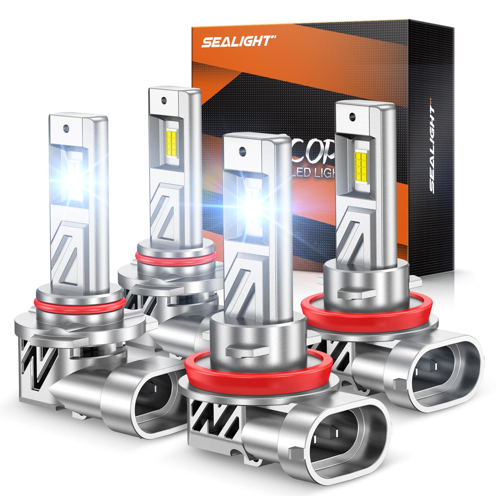 SEALIGHT 9005 H11 Bulb Combo, 120,000LM 12X Super Brighter than Stock Bulb, 1:1 Real Size, 6500K Cool White Light Bulbs for Car Powersports ATV/UTV, IP68 Waterproof, Pack of 4