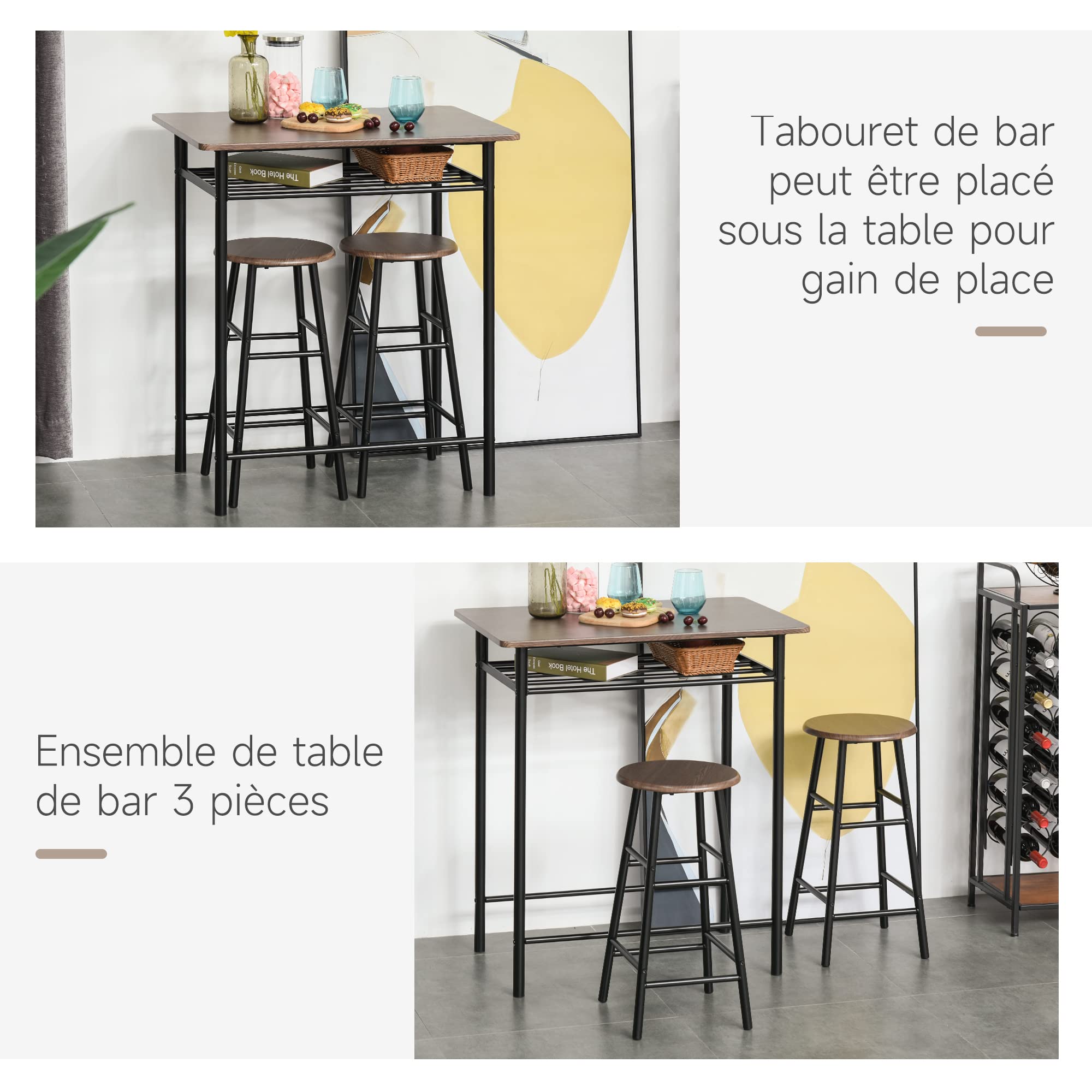 HOMCOM Ensemble Table de Bar avec tabourets, Table à Manger Debout avec 2 chaises, étagère et Pieds en métal, Style Industriel, Table Haute Bar et 2 tabourets pour Salle à Manger, Cuisine, Noir