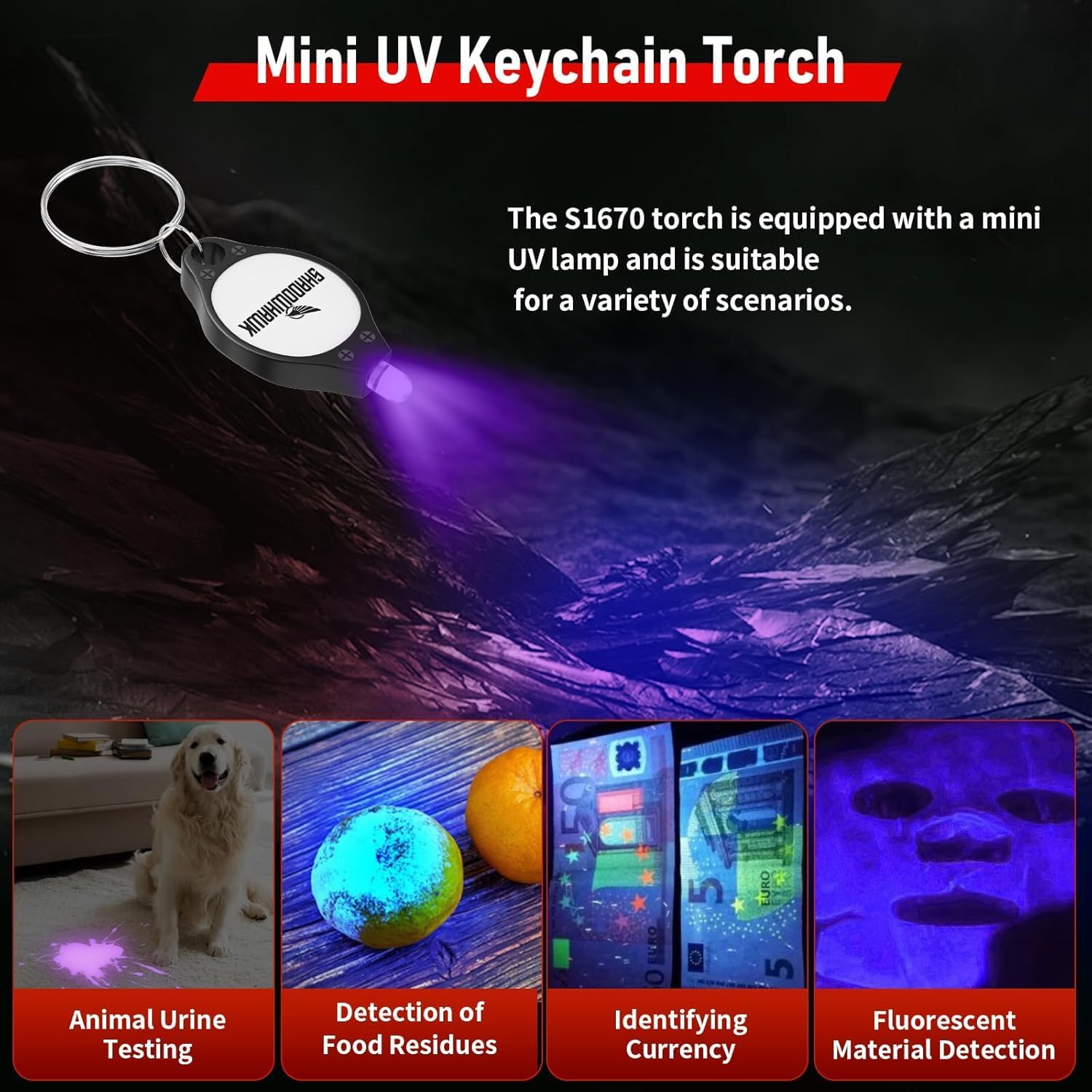 Image showing the mini UV keychain torch detecting pet stains, food residues, and verifying currency.