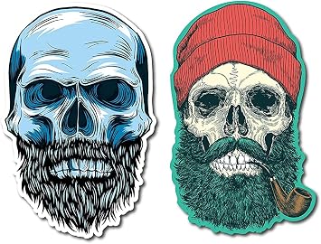 Two Pack Hipster Beard Skull Decal Bumper Sticker for Cars, Cups, Laptops, Coolers 5"x3"