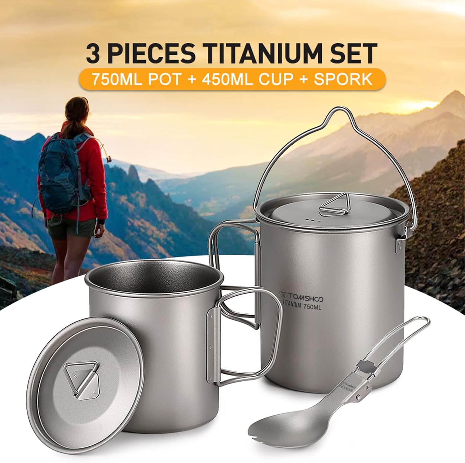 TOMSHOO Camping Titanium Pot with Folding Spork Outdoor Titanium Mug with Lid Camping Coffee Cup with Foldable Handle for Hiking Travelling Backpacking Camping Open Fire