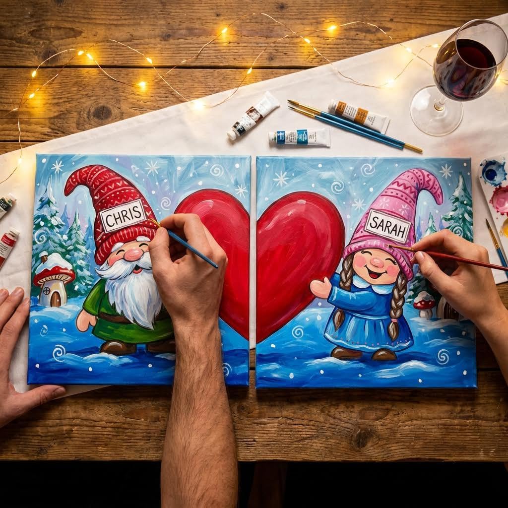 Couples Paint by Numbers Kit for Adults - Gnome 2-Pack Deluxe Sip and Paint Date Night Set - 2 Framed 10"x10" Canvases, Easels, Aprons, Foldable Wash Buckets & Rose Petals (Deluxe Edition, GNOME)