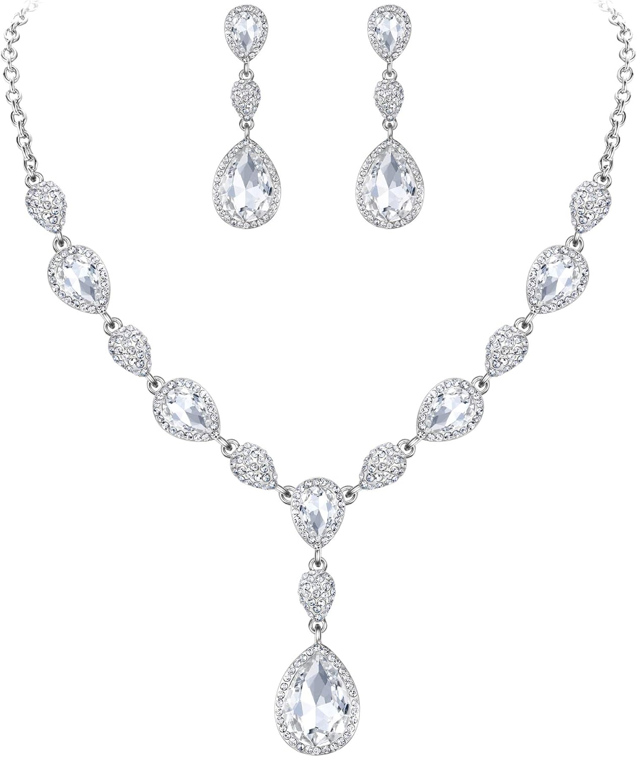 EleQueen Women's Cubic Zirconia Teardrop Y-Necklaces Dangle Earrings Jewelry Sets for Brides Bridesmaids