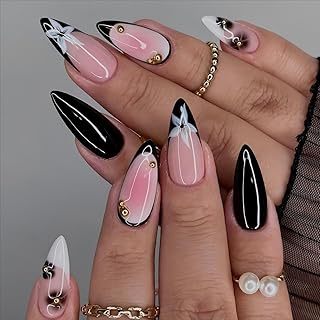 Almond Flower Press on Nails Medium Fake Nails Black White French False Nail Tips 3D Gold Beads Exquisite Design Glue on Nails Full Cover Artificial Nails Medium Stick on Nails for Women 24Pcs