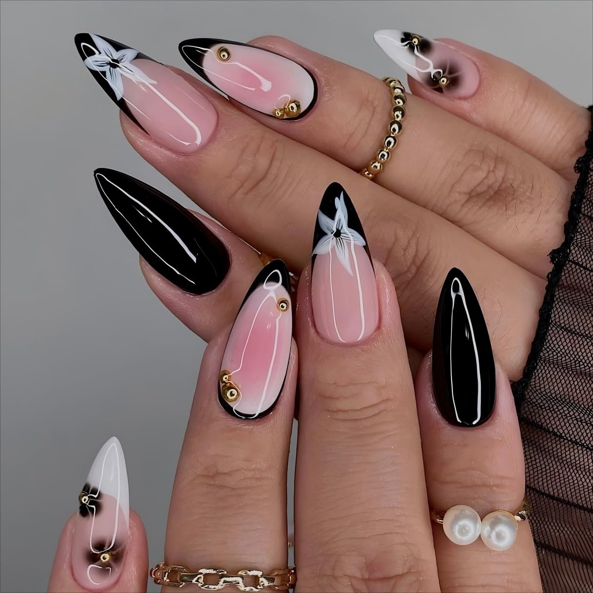 Almond Flower Fake Nails - Black White French Design