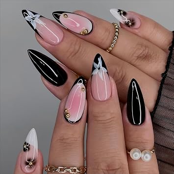 Almond Flower Press on Nails Medium Fake Nails Black White French False Nail Tips 3D Gold Beads Exquisite Design Glue on Nails Full Cover Artificial Nails Medium Stick on Nails for Women 24Pcs