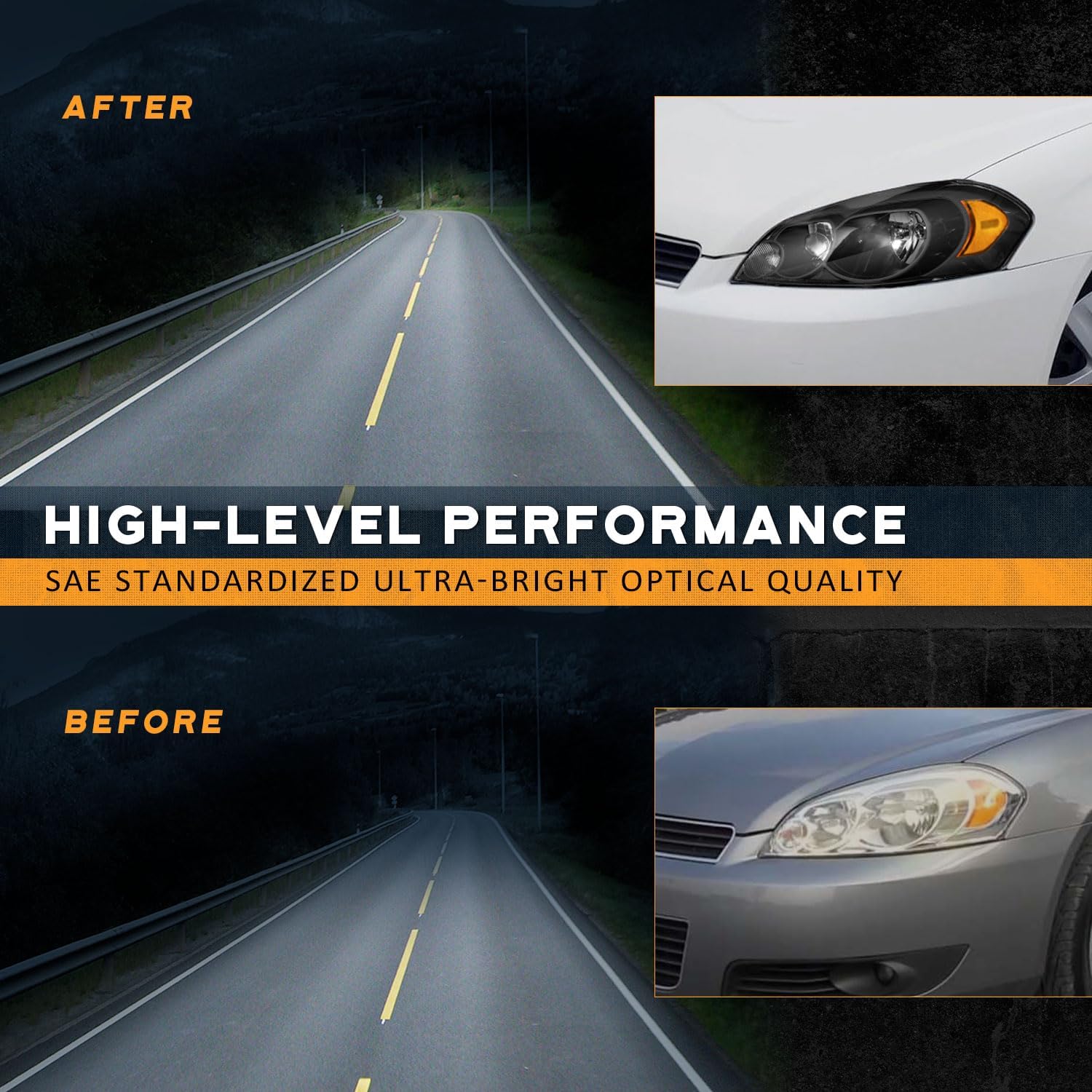 WEELMOTO Headlights for 06-13 Chevy Impala, for 14-16 Chevy Impala Limited,for 06-07 Chevy Monte Carlo,Black Housing Amber Reflector Left+Right Side