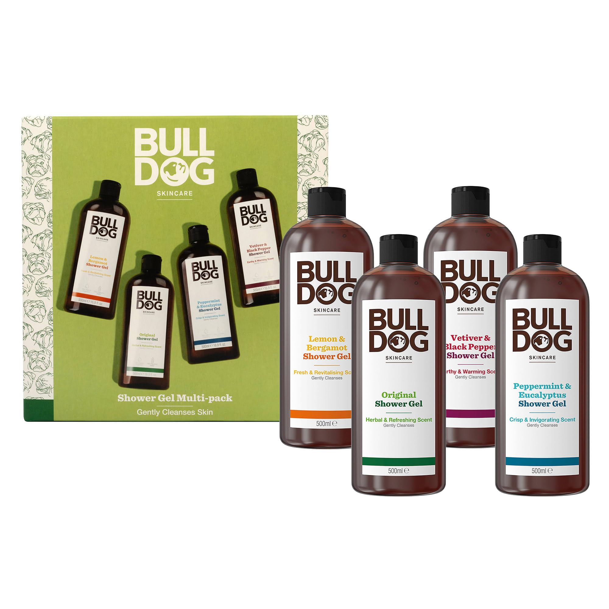 BULLDOG SKINCARE - Multi-Fragrance Shower Gel Giftset for Men | Shower Gel Pack of 4 x 500ml | Vegan Friendly