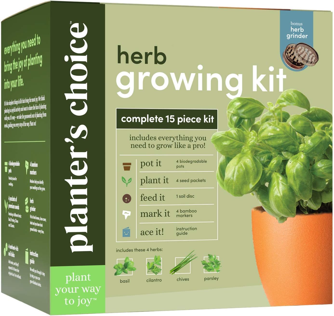 Herb Garden Growing Kit + Herb Grinder - Complete Kitchen Gardening Kit to Easily Grow 4 Culinary Herbs from Seed (Basil, Cilantro, Chives, Parsley) + Comprehensive Guide - Unique Gift for Women & Men