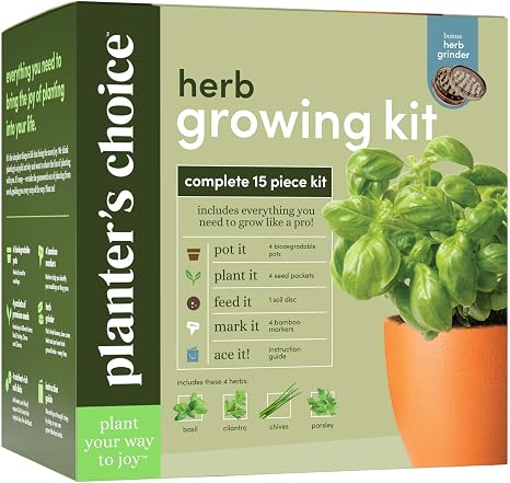 Planters Choice Organic Herb Growing Kit Herb Grinder - Complete Kit To Easily Grow 4 Herbs From Seed Basil Cilantro Chives Parsley With Comprehensive Guide Unique Gift Amazoncouk