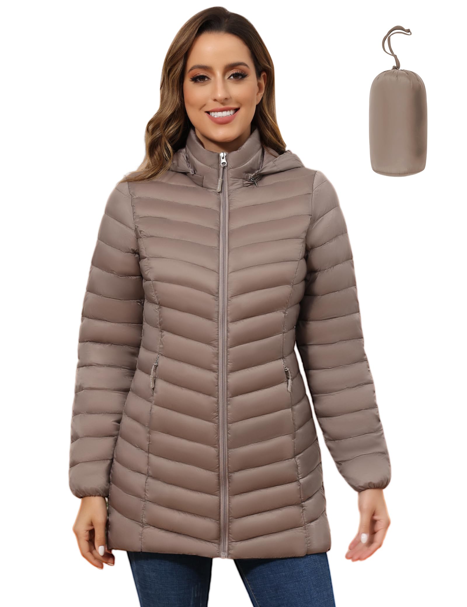 ROYAL MATRIX Women's Packable Puffer Jacket - Lightweight Winter Warm Long Quilted Puffer Coat with Detachable Hood