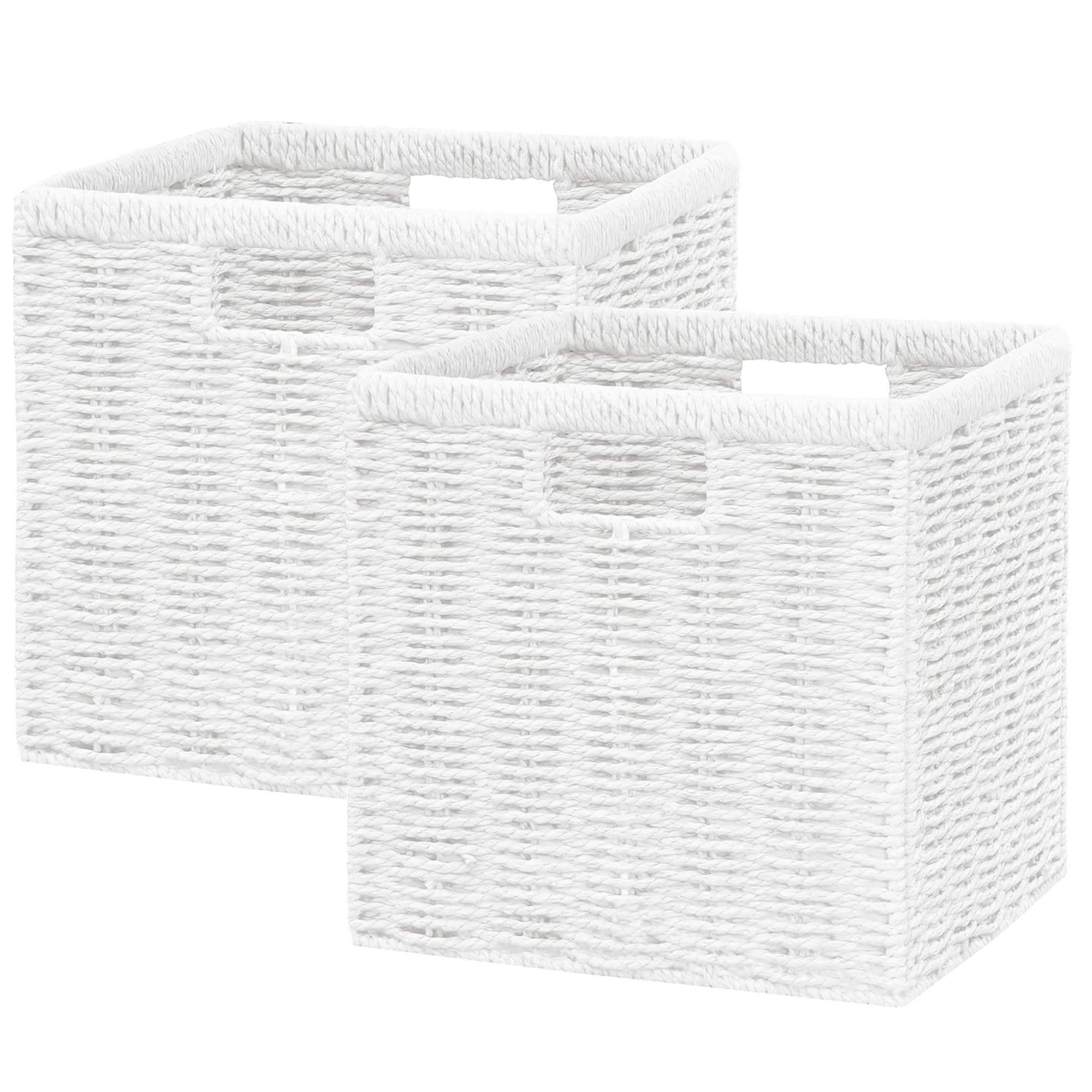 Vagusicc Wicker Storage Basket, Foldable Storage Cubes Organizer Bins, Handwoven Storage Baskets for Shelves Closet Wardrobe Bathroom, Set of 2 Large Wicker Baskets, 33 x 33 x 33 cm, White