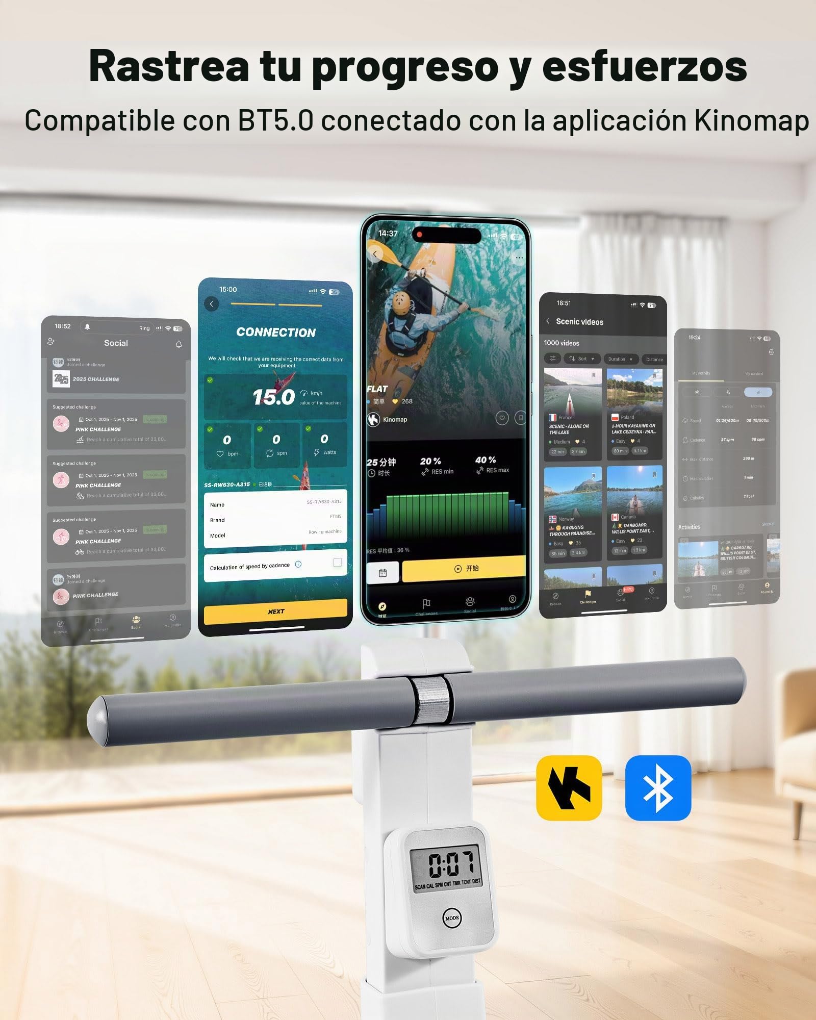 VEVOR Máquina de Remo Magnética Silenciosa, con 16 Niveles de Resistencia Ajustables, con Rieles Deslizantes Dobles y Pantalla LCD, Compatible con Aplicación Bluetooth, 1450 x 480 x 585 mm, Blanco