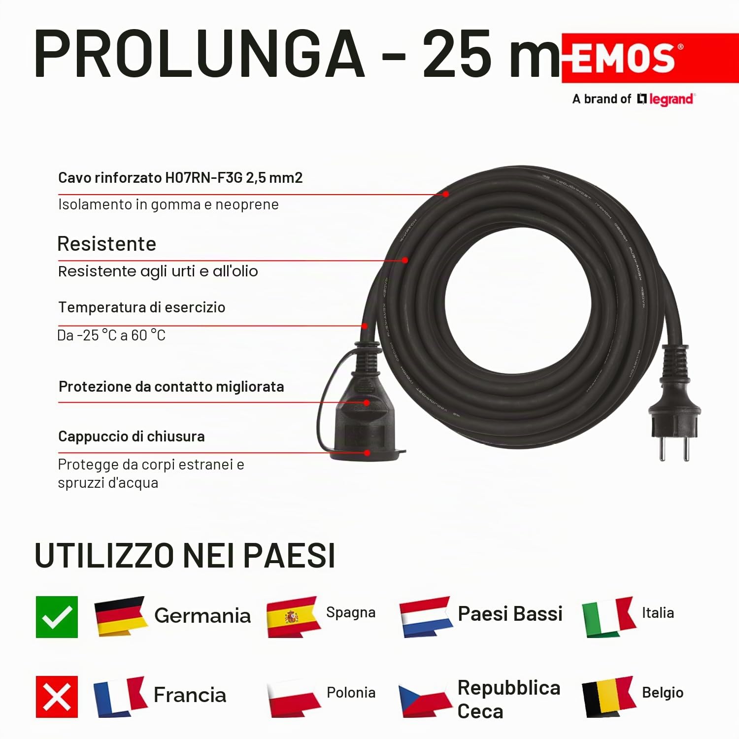 EMOS Prolunga 25 m Schuko Cavo di prolunga in gomma per esterni (IP44), H07RN-F3G 2,5 mm2