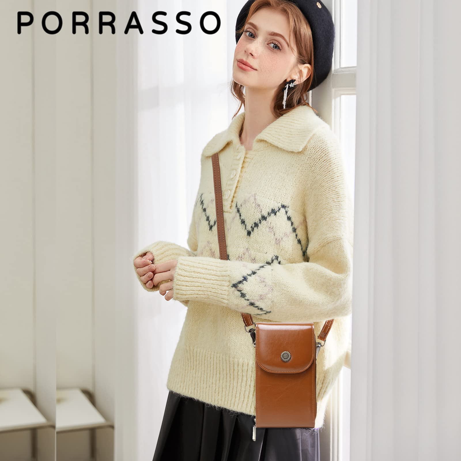 PORRASSO Crossbody Phone Bag Women Fashion Shoulder Bag RFID Blocking Girl Leather Waterproof Purse Wallet Satchel for Dating Shopping Traveling Brown