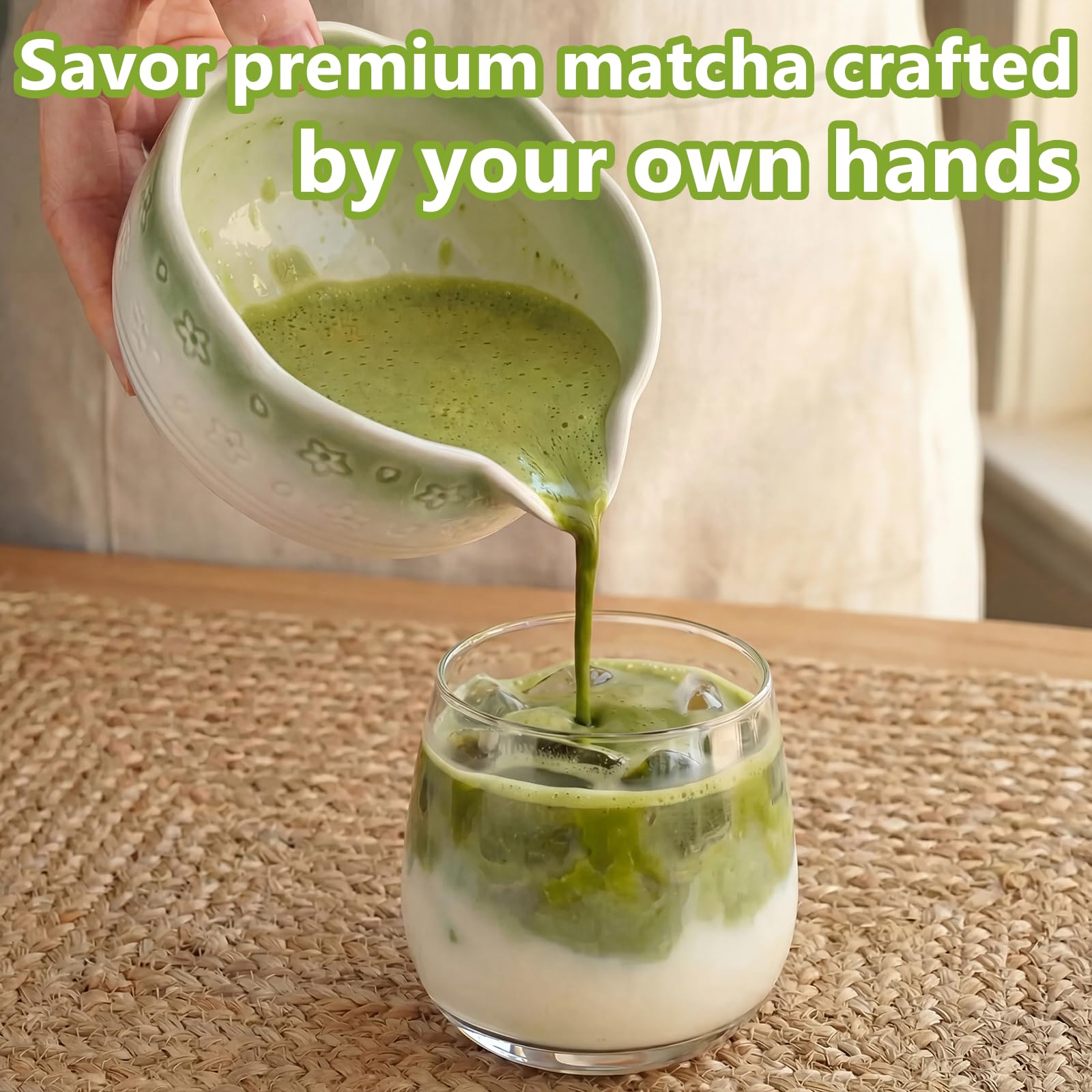 8 pezzi Matcha Kit, Matcha Set design a fiori di ciliegiocon Frusta Matcha, Ciotola, Cucchiaio, Filtro, Supporto, Kit Matcha completo per cerimonia, Elegante Set per Amanti del Matcha(Verde Sfu
