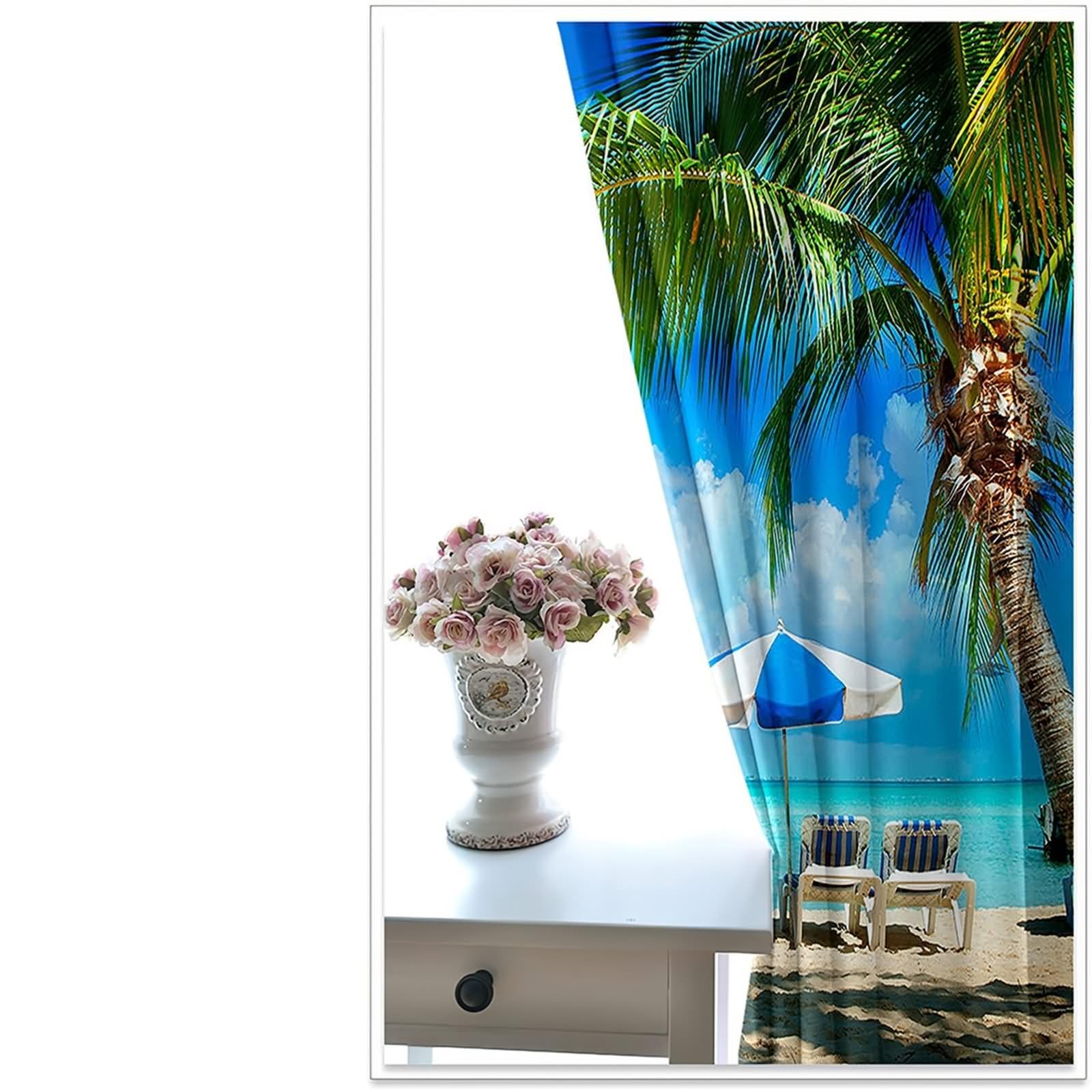 Rideau Boheme Exterieur, Rideaux Salon Bleu Vert Beige Style Vacances Tropicales - Paysage de Plage et de Mer Polyester 2 Panneaux 214x183cm
