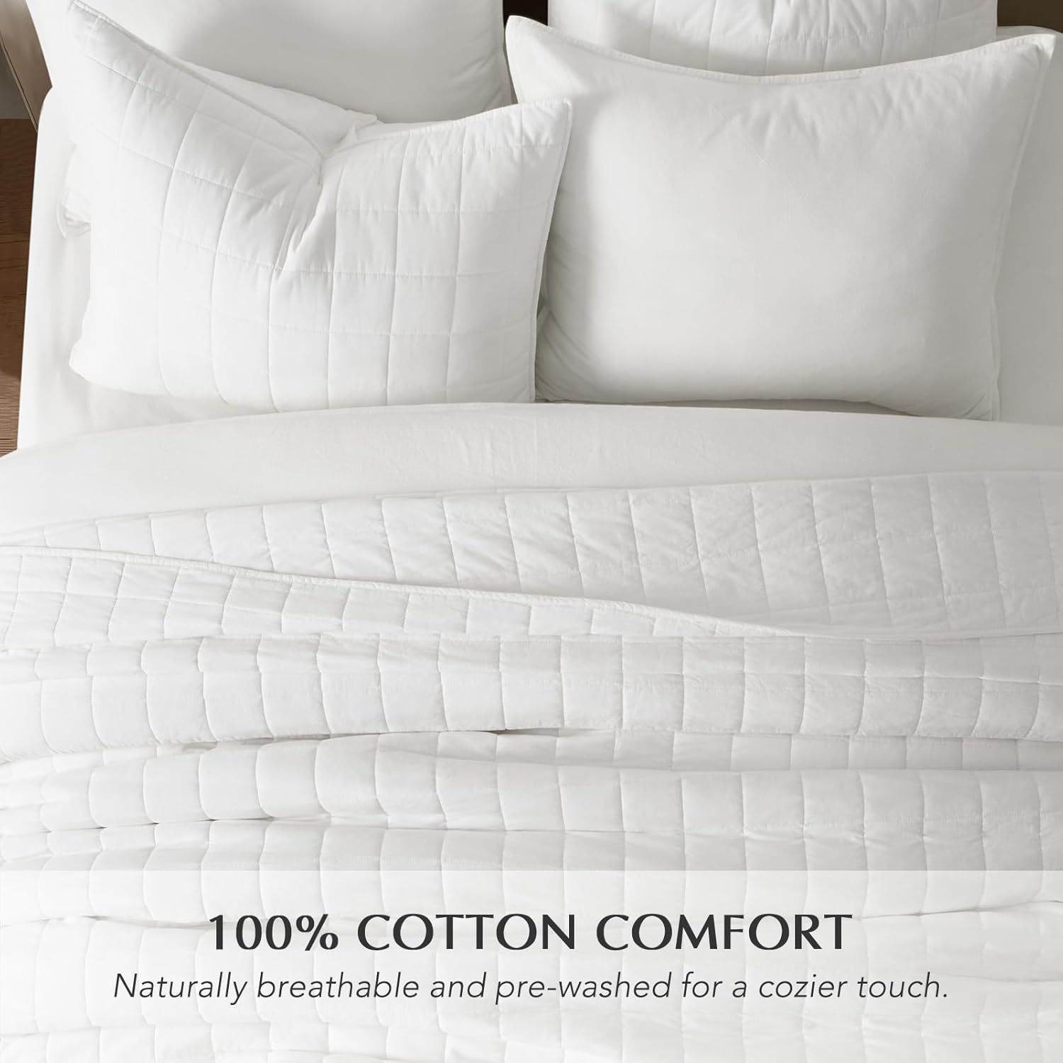 EVERGRACEHOME 100% Cotton Box Stitch Quilt Bedding Set King Size 3 Pieces, Garment-Washed Lightweight Soft Cozy Coverlet, Oversized Quilted Bedspread Sets with 2 Shams for All Season, Bright White - Image 2