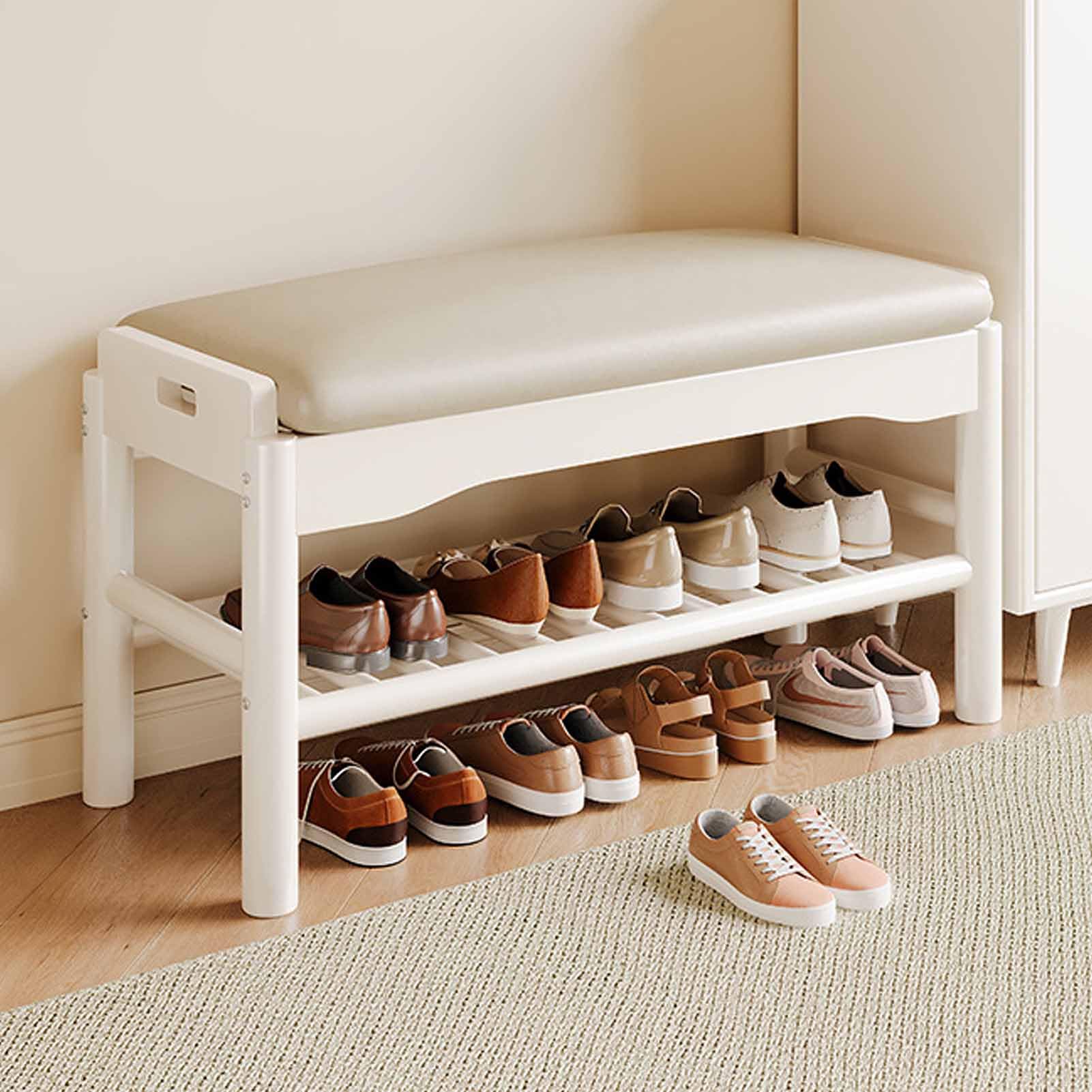 Banc à chaussures bois massif compact avec rangement 2 niveaux et assise intégrée
