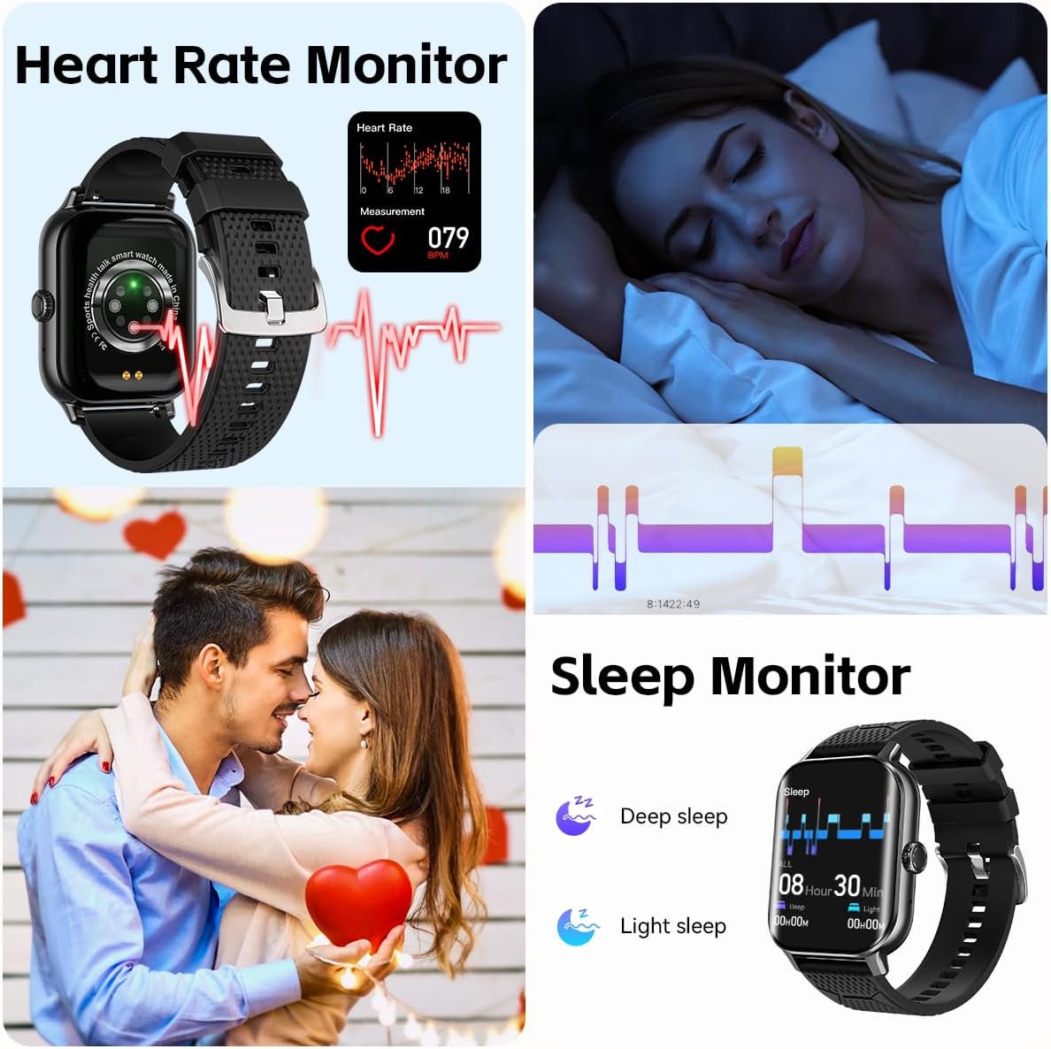 Collage showing the smart watch monitoring heart rate and a person sleeping, indicating sleep tracking.