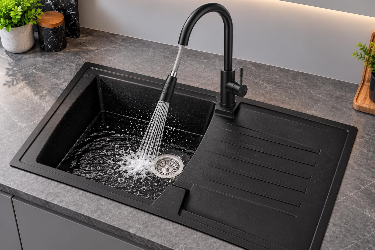 Liquida AR10BL 1.0 Bowl Composite Reversible Black Kitchen Sink with CT453MB Tap