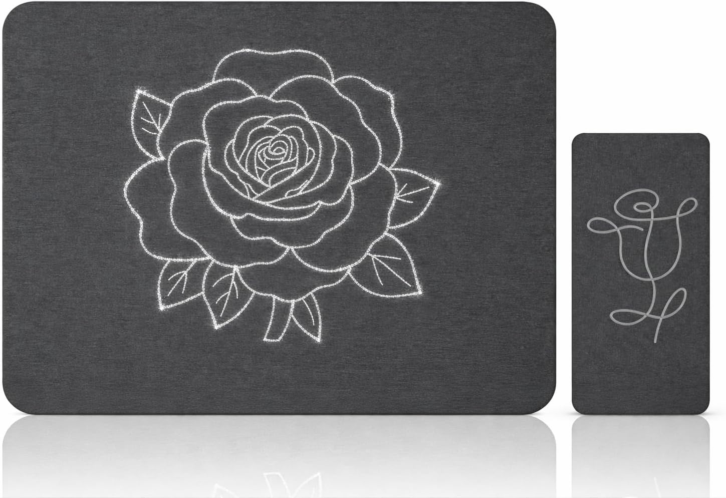 Stone Dish Drying Mat for Kitchen Counter, Glittery Resin Rose Pattern Quick Drying Mat, Water Absorbing Diatomaceous Pad for Plate Bottle Utensil Rack,Space Saving (Silver & Grey 16"×12" & 8"×4")
