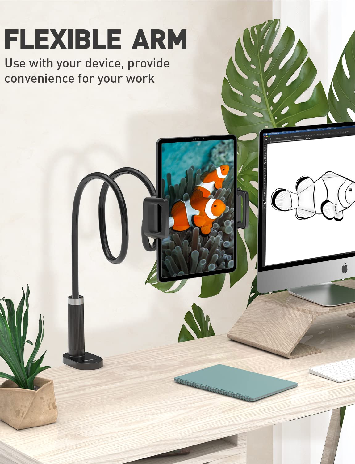 Support Tablette Lit – Bras Cygne Flexible 80cm | Rotation 360° | Compatible 4-10,6 Pouces | Fixation Pince