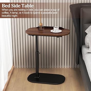 C Shaped Side Table, Height Adjustable C-Shaped End Table, 360° Swivel End Tables, Slide Under Couch Tables, Metal Frame, Small Snack Coffee Tray for Sofa, Bed, Bathtub, Living Room, Bedroom