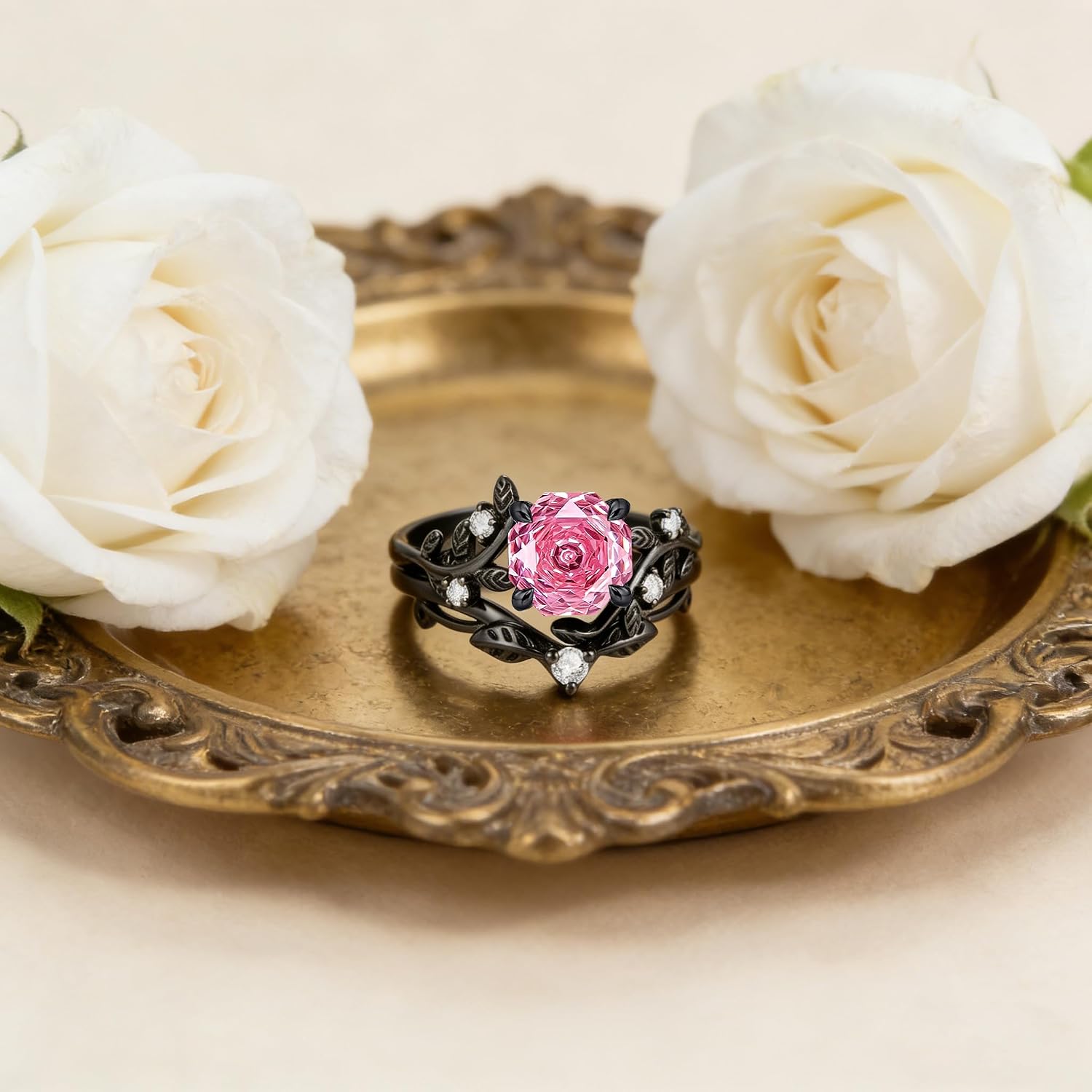 Seiyang 2Pcs Rose Cut Black Rings 925 Sterling Silver Rose Cut Birthstone Ring Black Wedding Ring Set Valentine's Day Jewelry Gifts for Women Mom Her