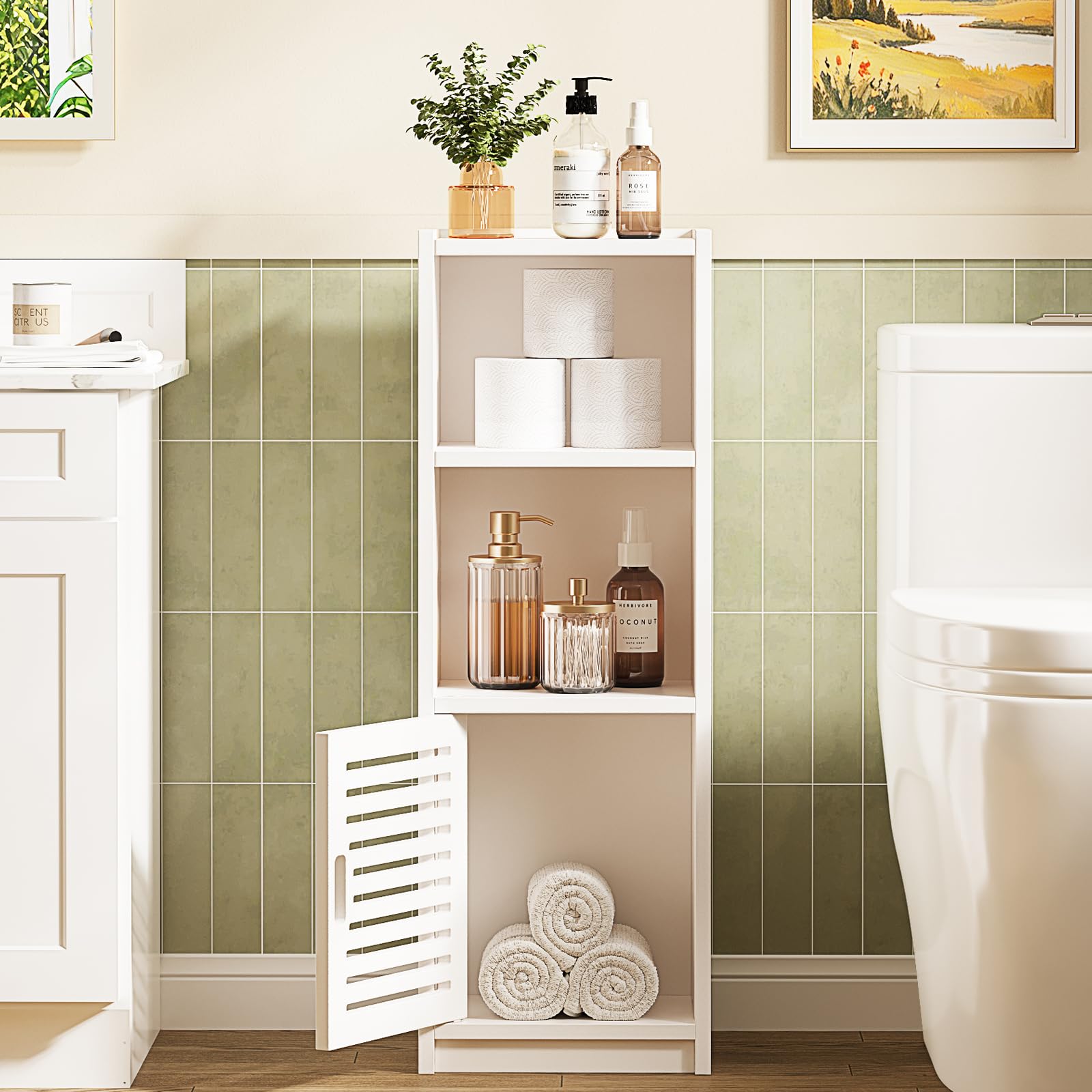 Dripex 3 Tier Bathroom Floor Cabinet, 25W x 22D x 80H cm, White Storage Cabinet with Door, Free Standing Shelf Unit for Bathroom or Bedroom (Small Door)