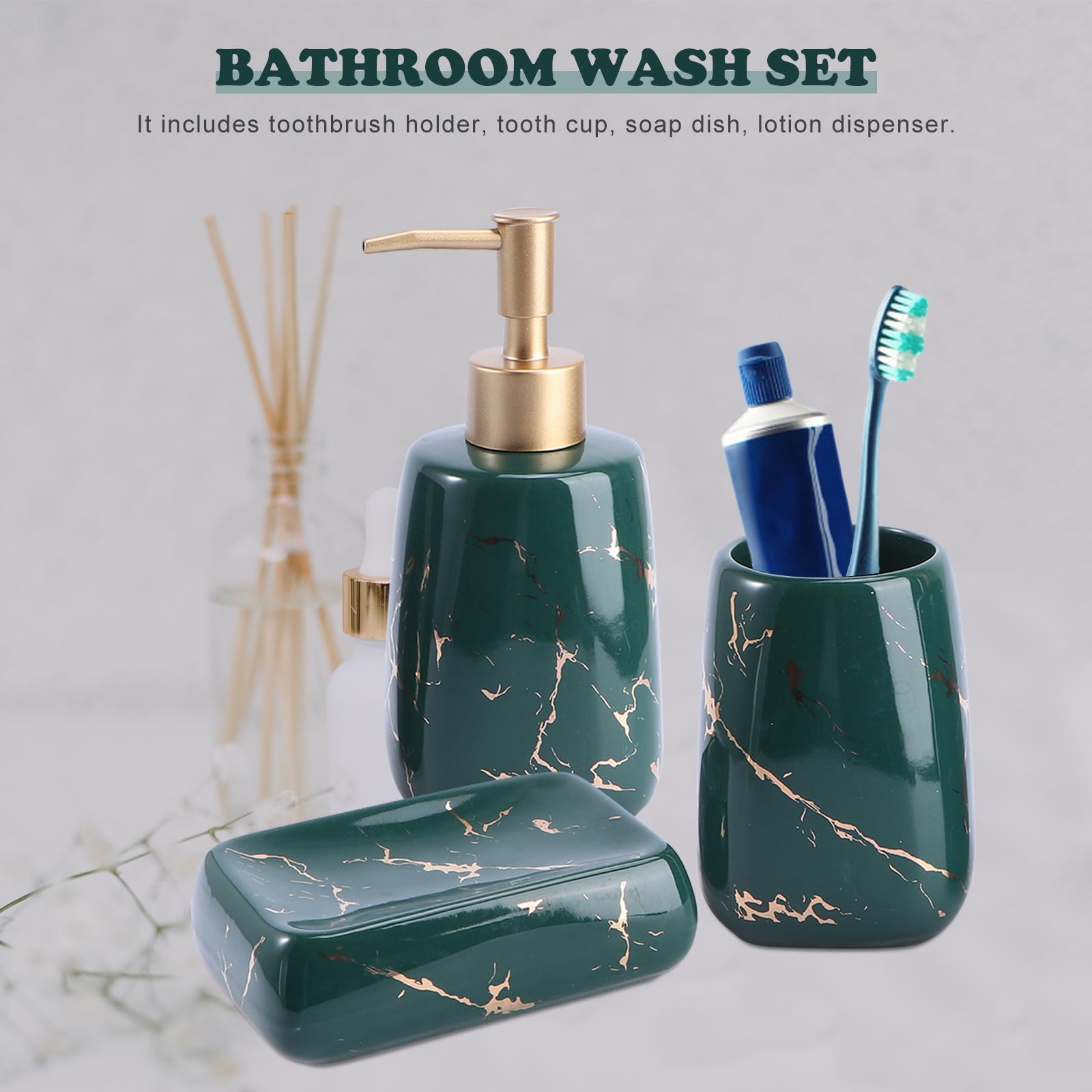 Set da Bagno in Ceramica 3 Pezzi Dispenser Sapone e Porta Spazzolini, Stile Marmo Unico e Funzionale per Mantenere Bagno Ordinato e Organizzato