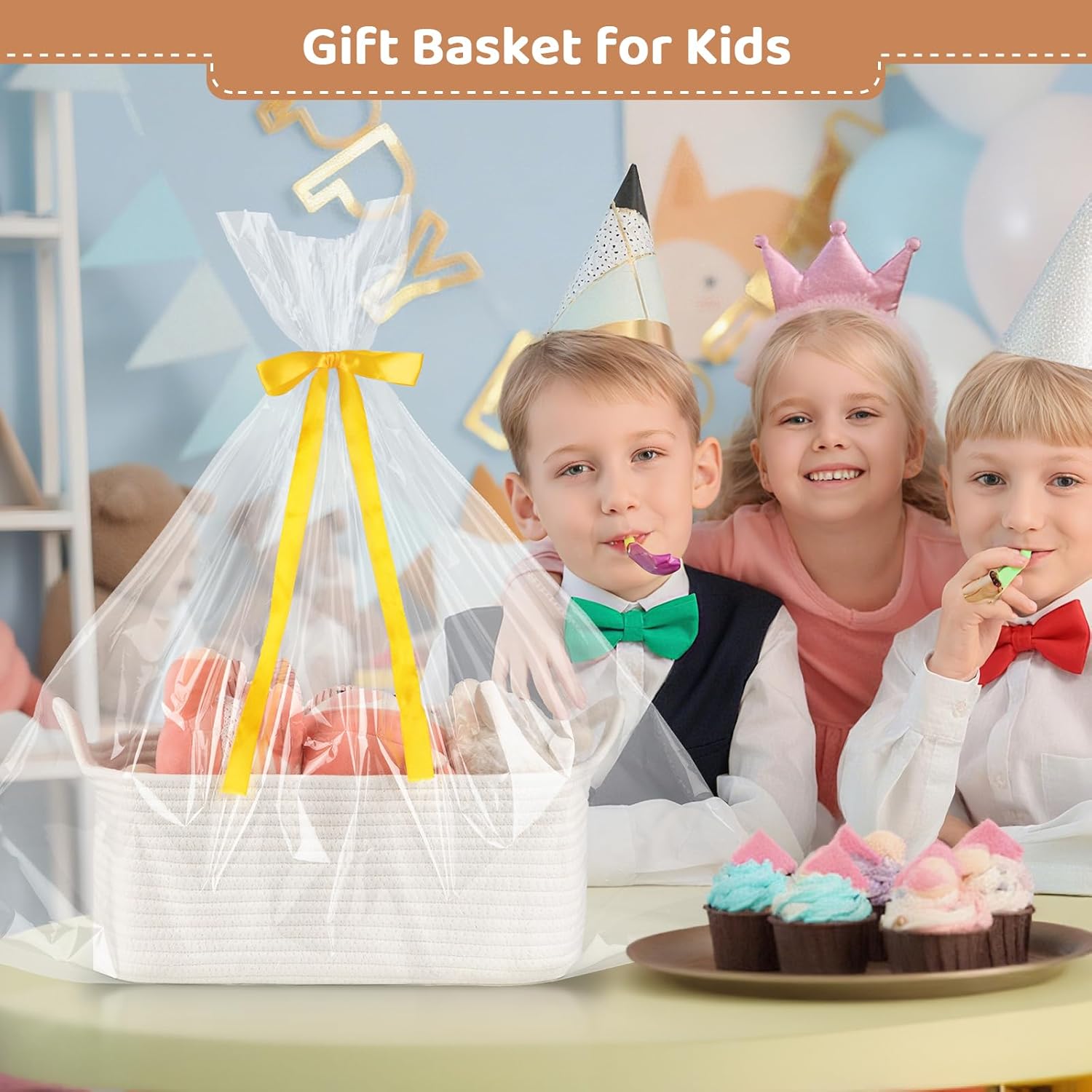 OIASKET Empty Gift Baskets for Baby Shower, 15.4"L x 11.4"W x 6.7"H Cute Woven Storage Basket with Gift Bags and Ribbons, Small Rope Toy Basket with Handles, Cat Dog Pet Toy Organizer - Small White