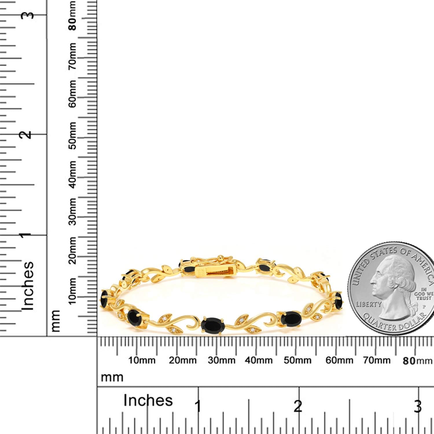 Gem Stone King 18K Yellow Gold Plated Silver Black Onyx and Diamond Greek Vine Tennis Bracelet For Women (3.73 Cttw, Gemstone Birthstone, Oval 6X4MM, 7 Inch)