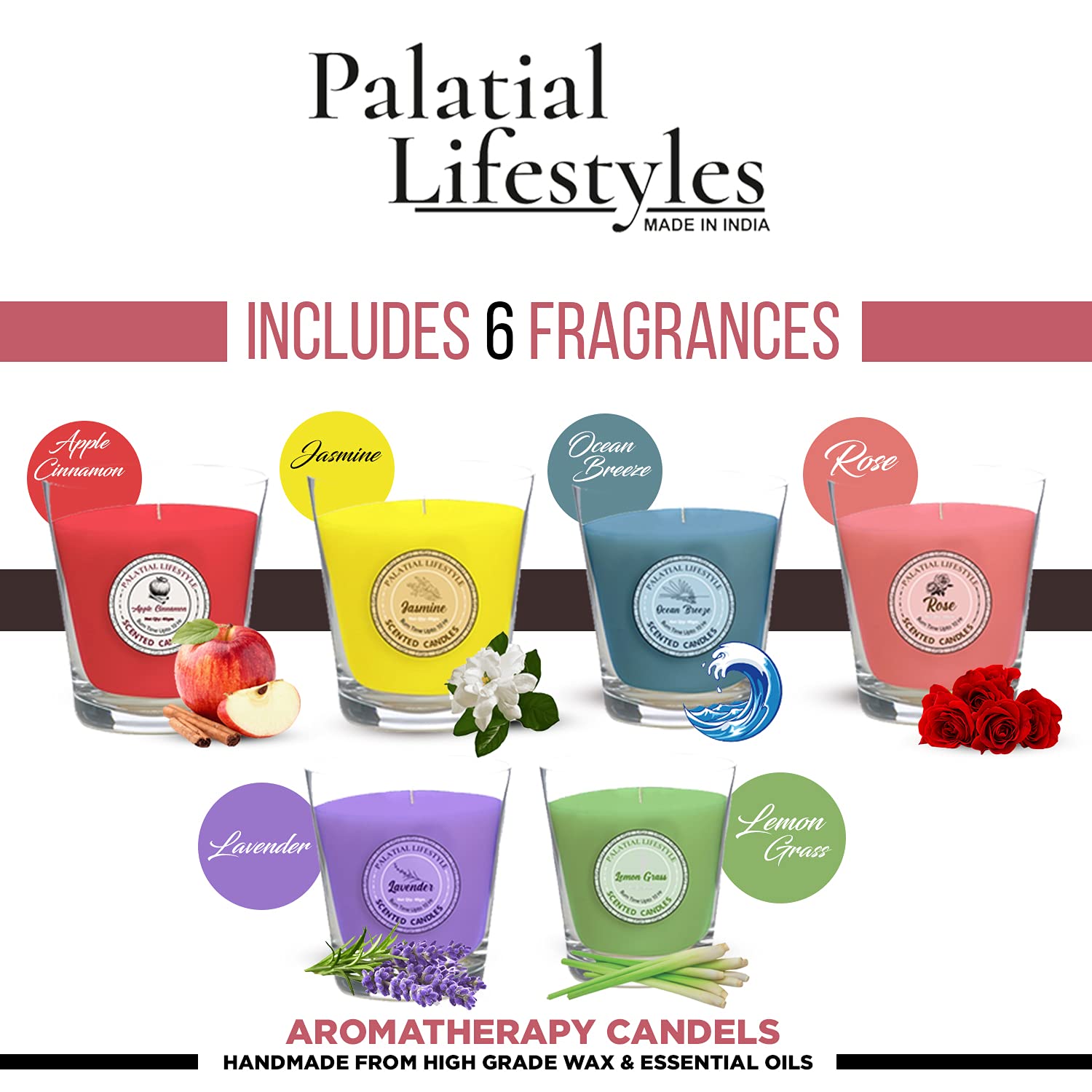 Palatial Lifestyles Scented Candles for Home, Set of 6, Aroma Candles, Fragrance Candles for Bedroom (Enticing Rose, Lavender, Jasmine, Apple Cinnamon,Lemongrass, Ocean Breeze), Wax 4 71LuiYLm4OS. SL1500