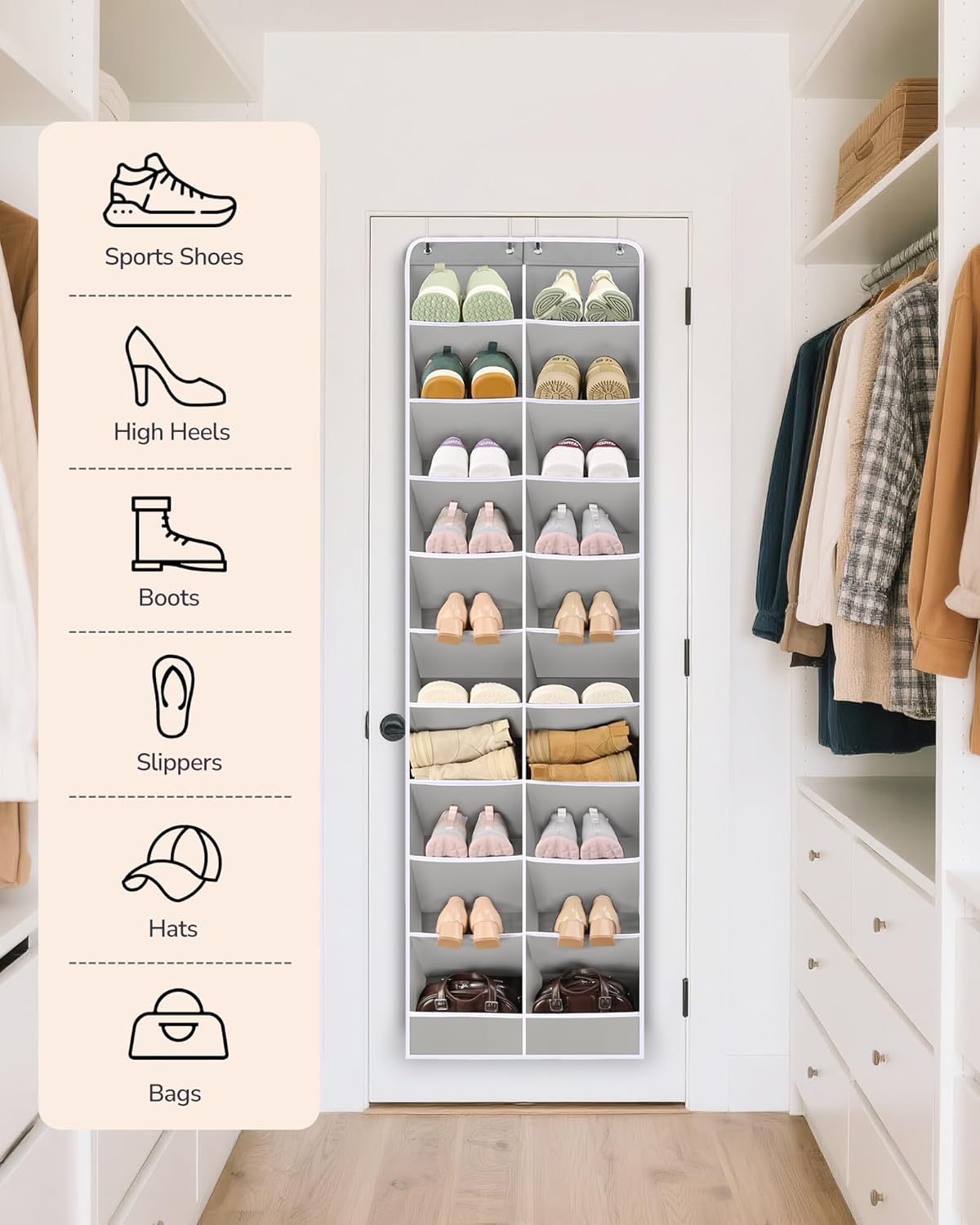 ULG Over The Door Shoe Organizer for Closet Fit 24-32 Pairs with Large Deep Pockets, Narrow Shoe Rack for Door Hanging Boots Storage, Black