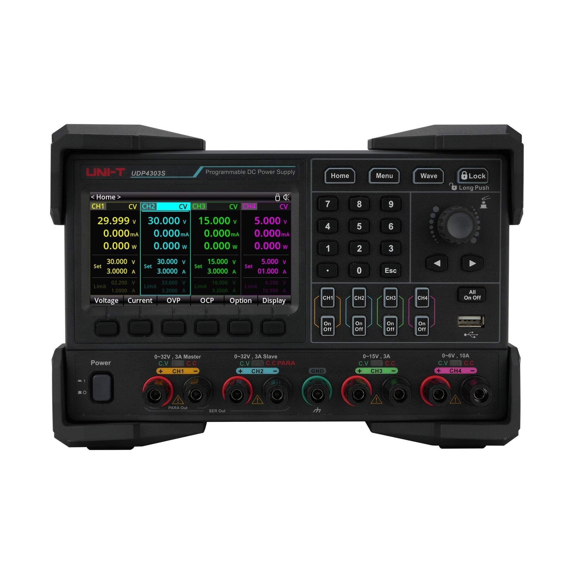 UNI-​T UDP4303S Fuente de alimentación CC lineal programable | 4 canales, 297 W de potencia total, CH1/​CH2: 0-​32 V/​3 A, CH3: 0-​15 V/​3 A, CH4: 0-​6 V/​10 A, resolución 1 mV/​1 μA, precisión de voltaje <