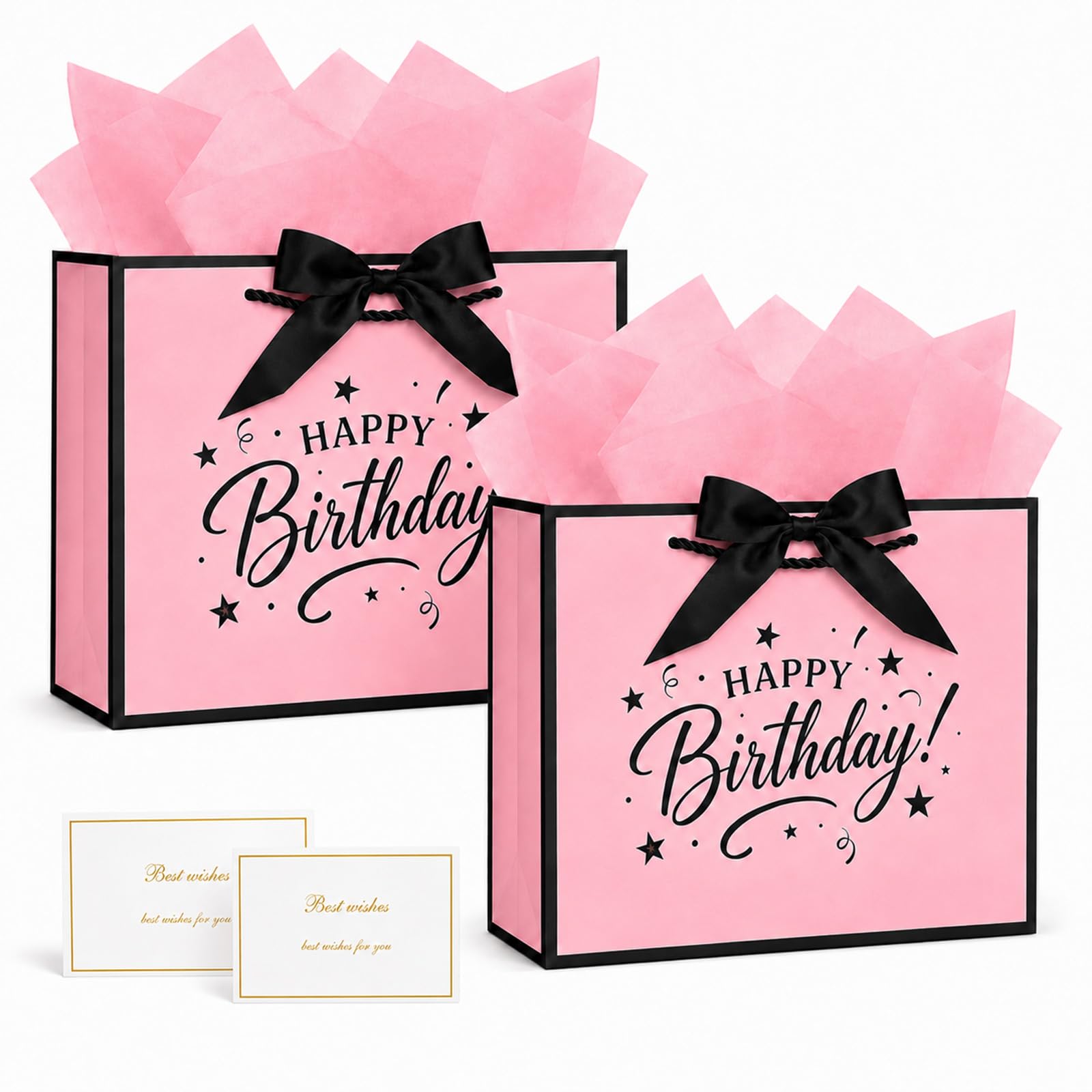 Sytinnice 2 Pcs 11.0×8.0×4.0" Medium Pink Paper Gift Bags, Happy birthday Gift Bags with Tissue Paper & Card, Luxury Paper Bags with Handles for Women, Wedding Bridesmaid Valentine Party