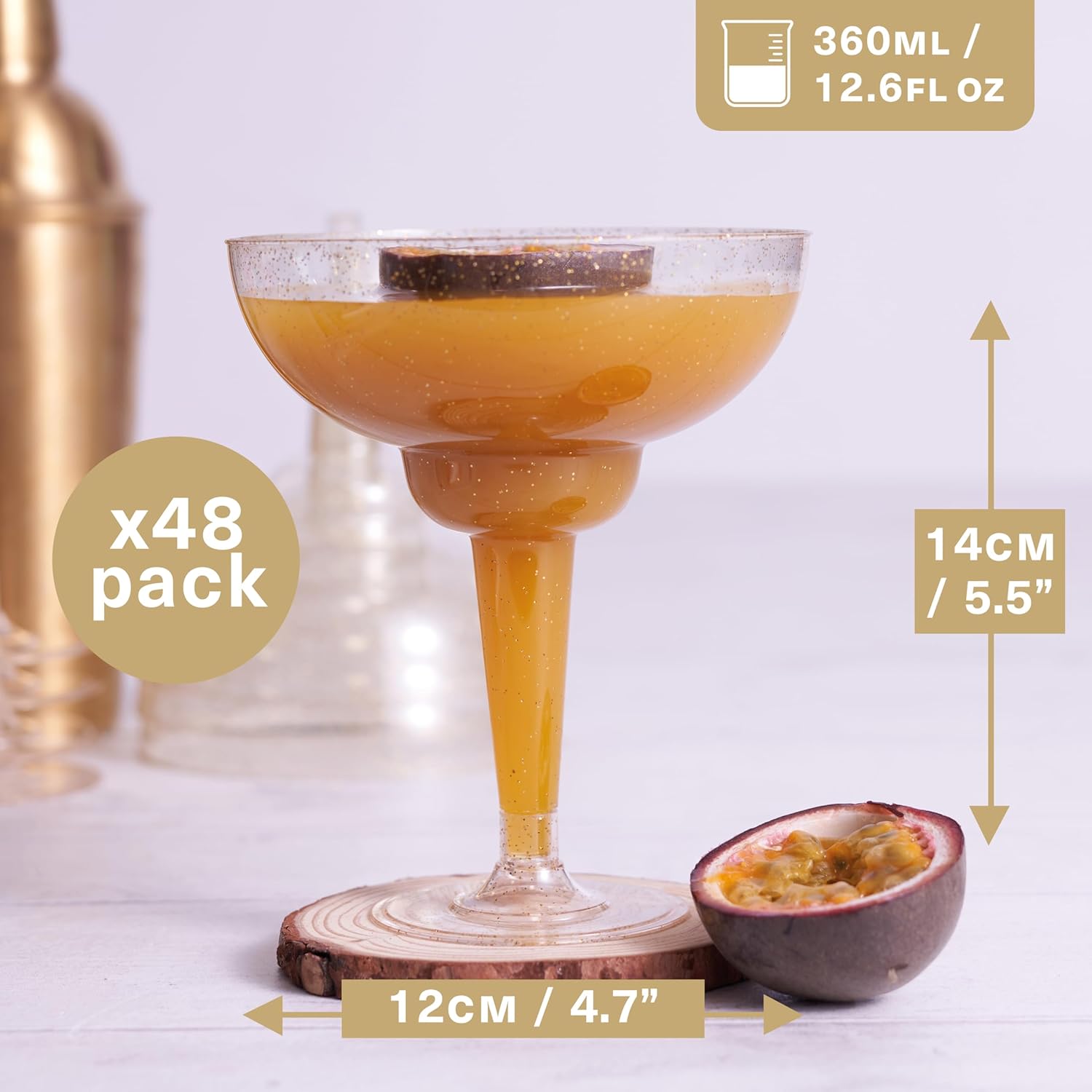 MATANA 48 Plastic Margarita Glasses Disposable Cups or Reusable (Gold Glitter) 12 oz Margarita Cups for Parties, Wedding, Birthday, Cocktail & Martini