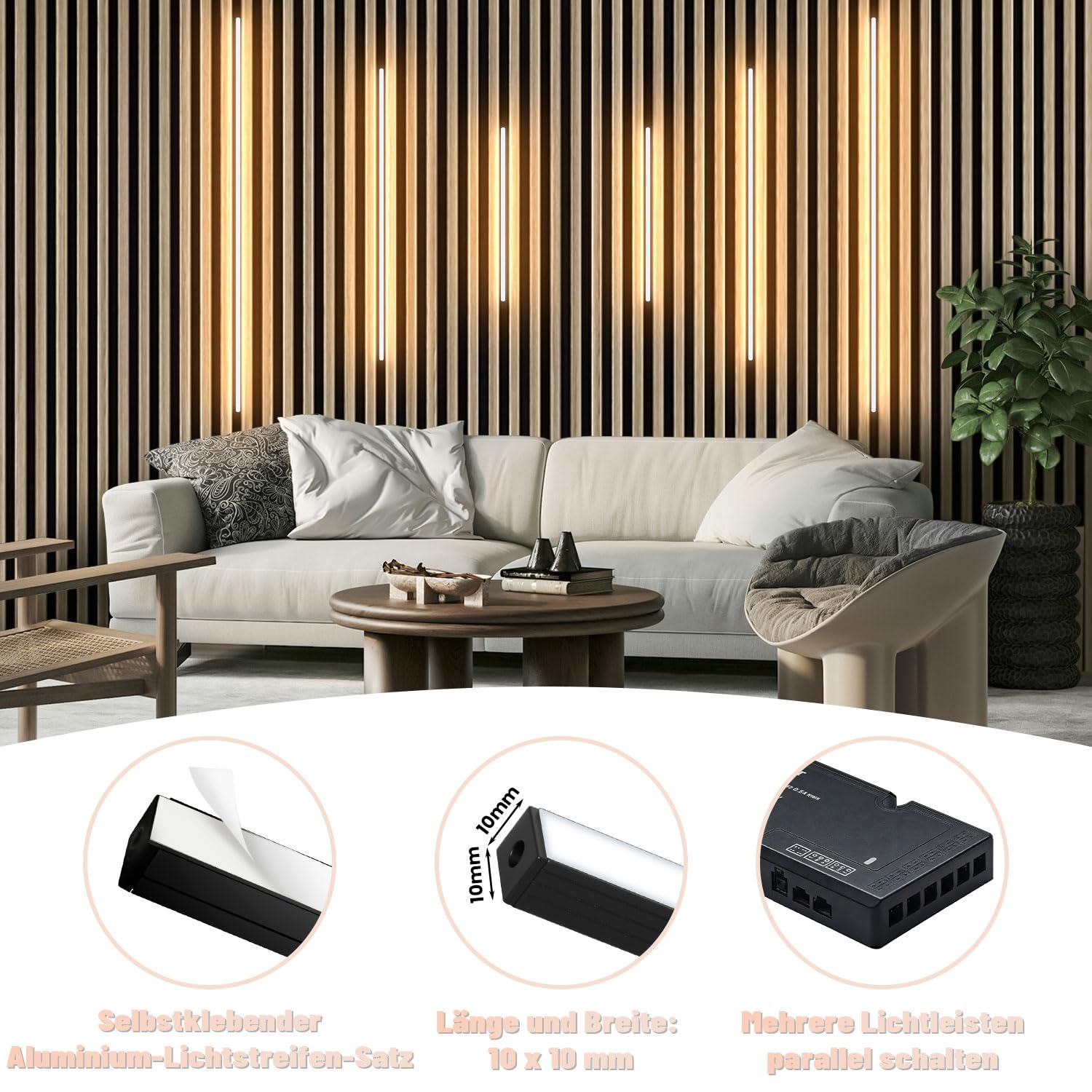 Lichaser Schwarz Eingebetteter LED für Akustikpaneele, 6 Dimmbar LED Strip Warmweiss für Wandpaneele Parallel mit Sensor, Selbstklebend Licht für Akustikpaneel, Regal (2 * 40+2 * 60+2 * 90 cm)