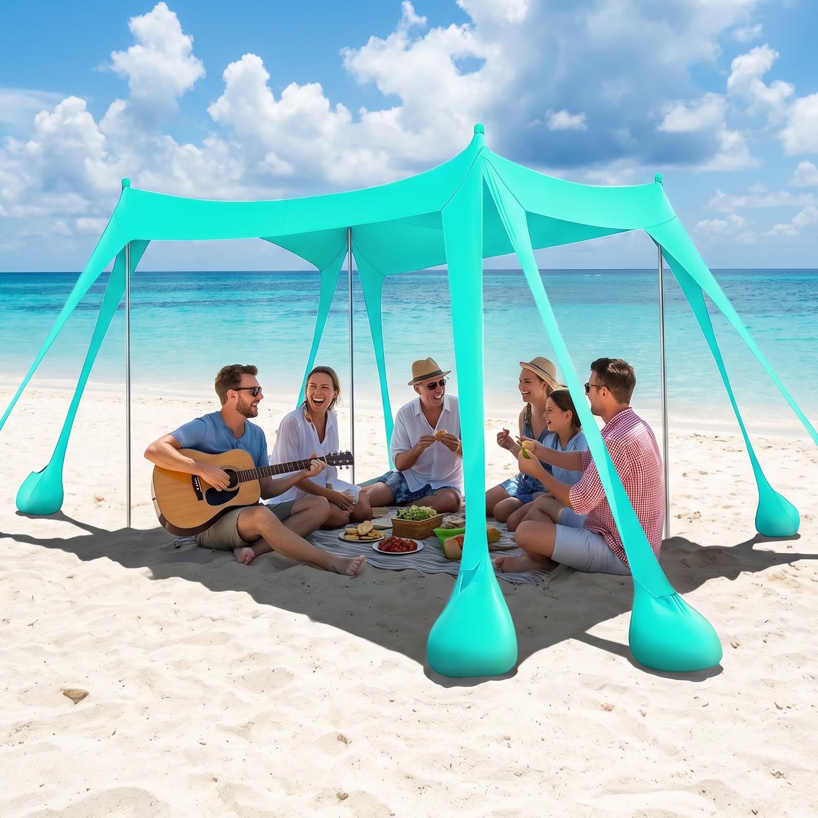 UV Beach Tent UPF50+, 3 m x 3 m Beach Tent, Sun Protection Awning with 8 Sandbags and 2 Sand Shovels, Update & Stabilise, Protection Spandex Beach Tent for Outdoor, Beach, Camping, Green