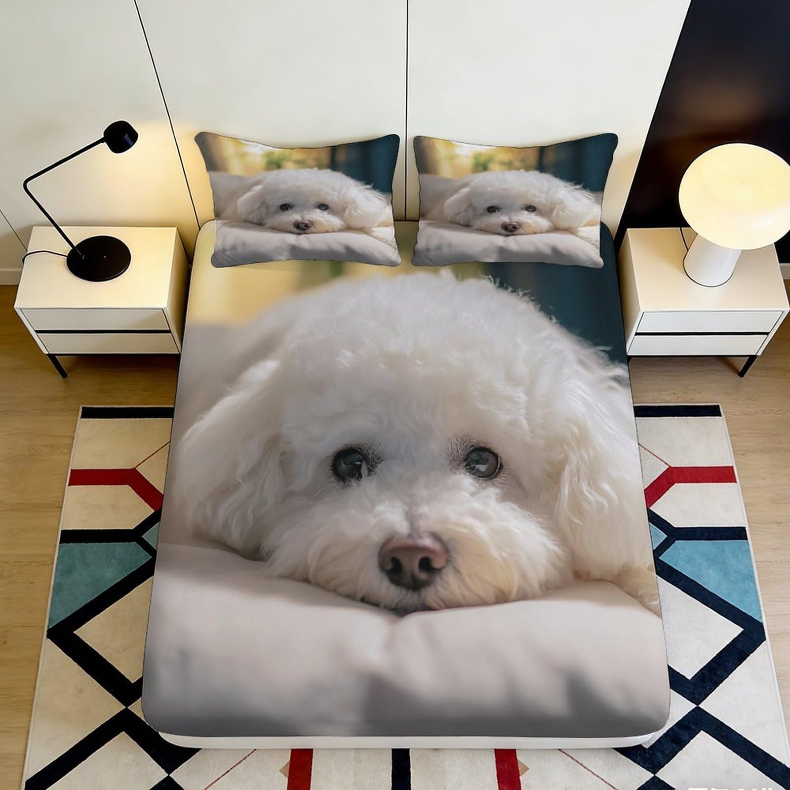 3D Printed White Bichon Dog Fitted Sheet Microfiber Soft Animal Face Mattress Cover for Bedroom Guest Room Easy Care 140x200x25cm