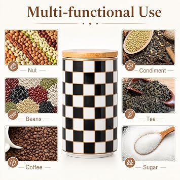 Checked Ceramic Countertop Kitchen Storage Containers, Black and White Food Storage Containers with Lid, Airtight Kitchen Containers for Flour, Sugar, Coffee, Tea