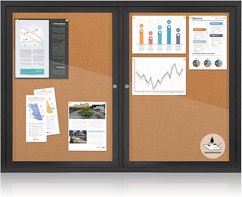 Enclosed Bulletin Board Outdoor Noticeboard with Locking Door, Weather-Resistant, Cork, Black Aluminum Frame, 48 x 34 in Cork-2 Door
