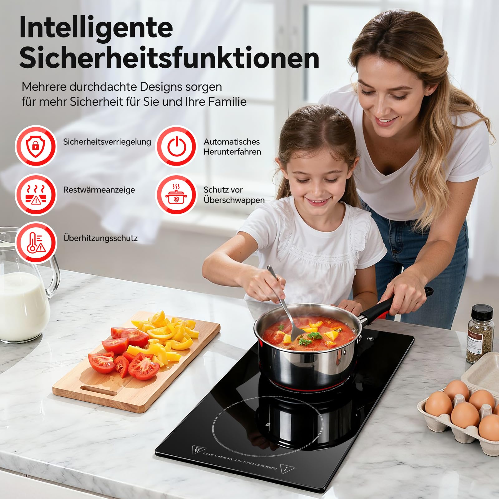 SNDOAS Glaskeramikkochfeld 2 Platten 3000W 9 Leistungsstufen Touch-Steuerung Timer Kindersicherung Schwarz