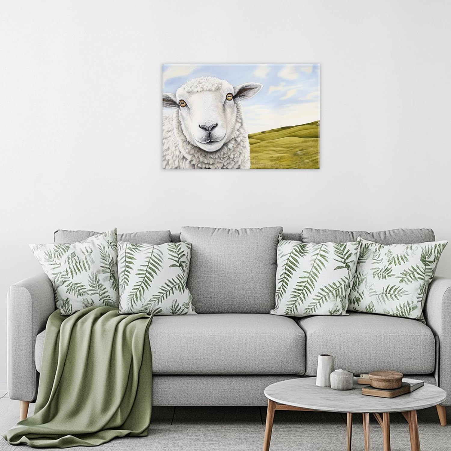 GLOKAKA White Sheep Canvas Wall Art Grassland Landscape Painting Lambs Farmhouse Animal Print for Living Room Decor Stretched Framed Ready To Hang(Artwork-1,12"x18")