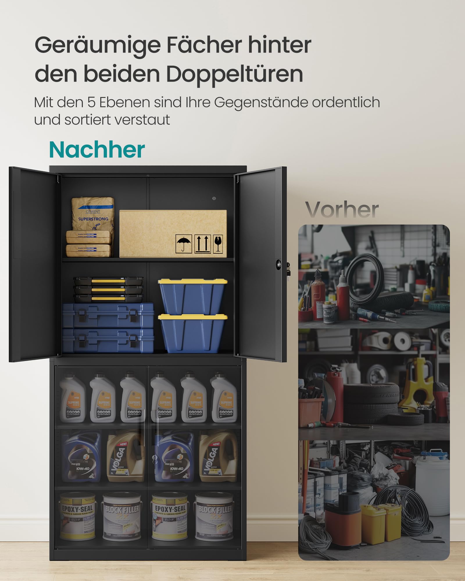 SONGMICS Aktenschrank, Mehrzweckschrank, Büroschrank, mit 4 Türen und 5 Ebenen, 40 x 80 x 180 cm, 2 Schlösser, verstellbare Ablagen, Aufbewahrungsschrank aus Stahl, Mattschwarz OMC016B01