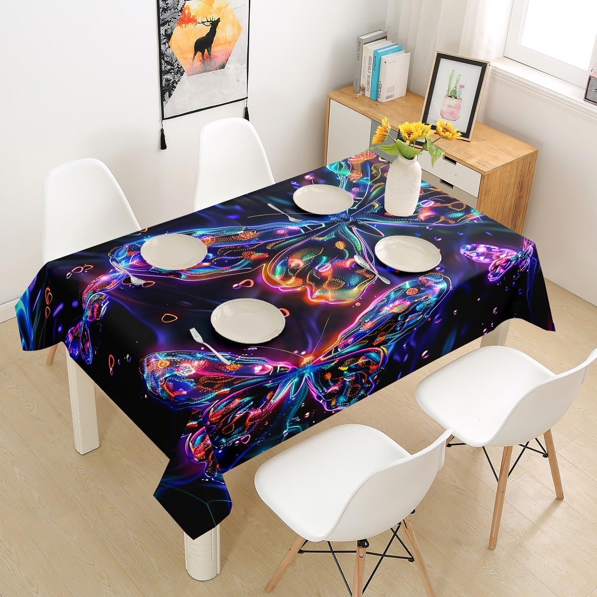 Homewish Butterfly Table Cloth,Musical Theme Music Notes Tablecloths for Kids Boys Girls Kitchen Decor,Tie Dyeing Watercolor Table Accessories,Fantasy Animal Table Cover,55"x55" image 4