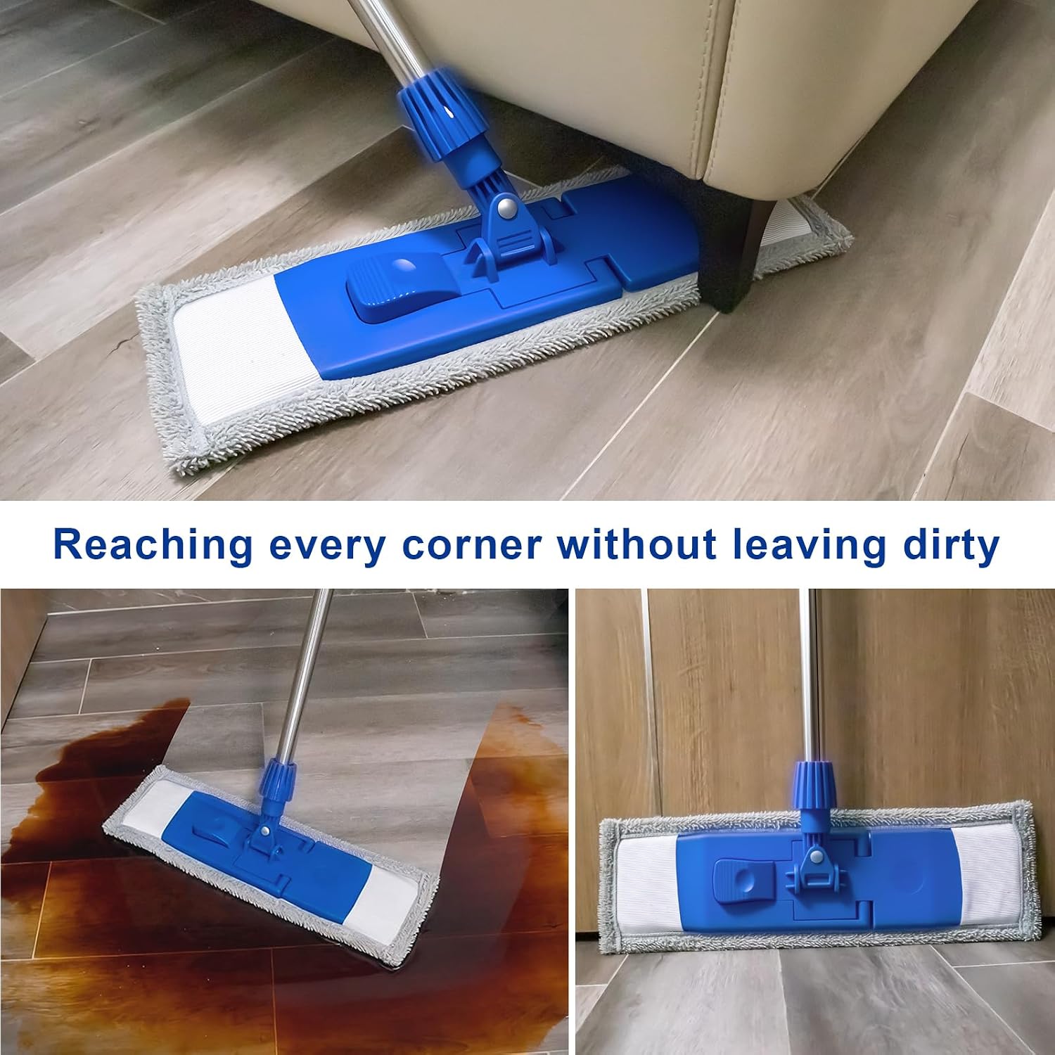 Multi Functional Mop, Including 1 Reusable Ultra-Fine Fiber Cleaning Pad and a Detachable Three Section Handle, 35.82"-51.18", Suitable for Cleaning Hardwood Floors, Marble and Tile Floors（Blue）